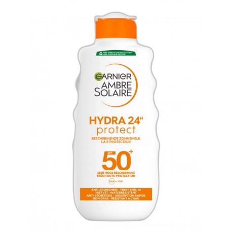 GARNIER Ambre Solaire Hydra 24H - Lait Solaire FPS 50+   Sans Parfum - Absorption Rapide - Au Beurre De Karité - 200 ml
