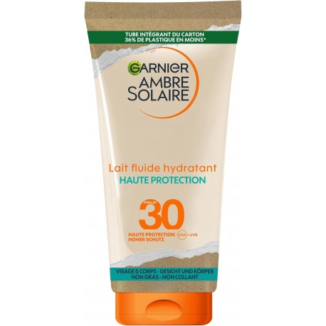 GARNIER Ambre Solaire - Lait Fluide Hydratant -  FPS 30 - Protège des UVA & UVB  - Résiste à L'Eau - Visage & Corps - 175 ml